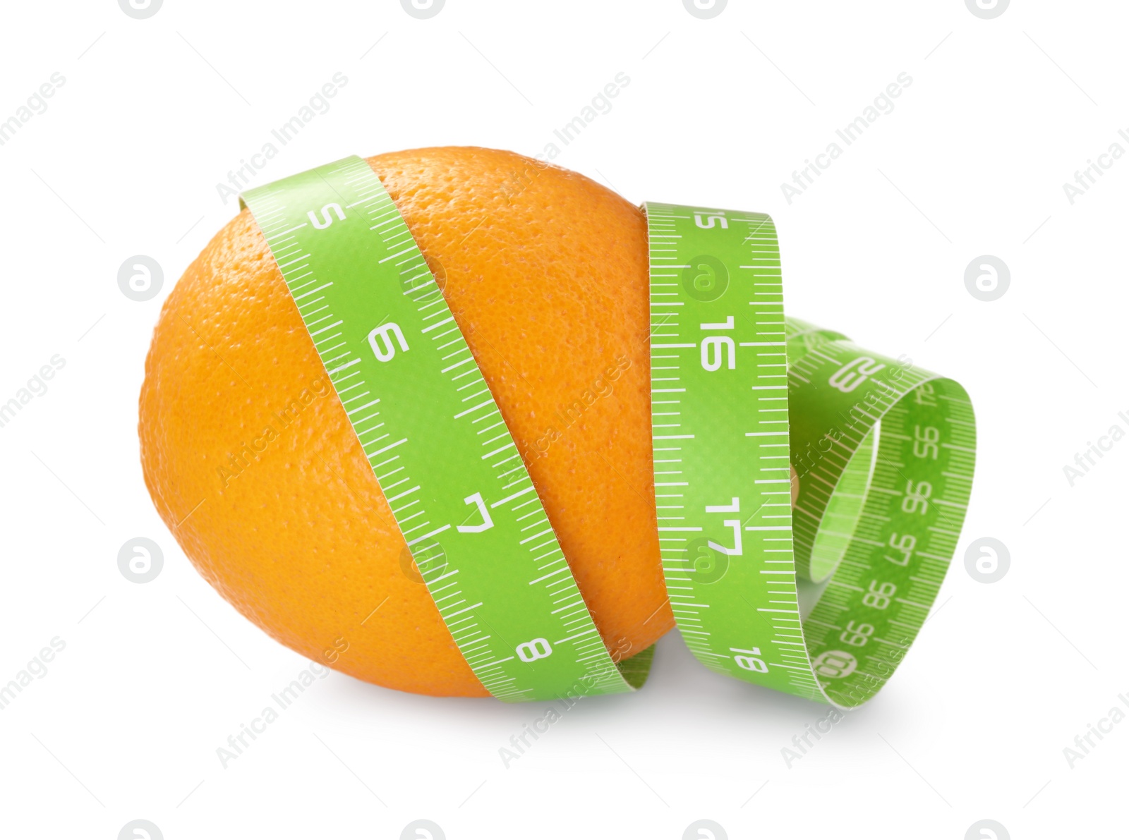 Photo of Cellulite problem. Orange with measuring tape isolated on white