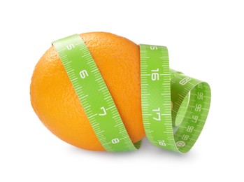 Cellulite problem. Orange with measuring tape isolated on white