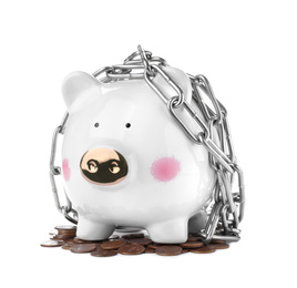 Piggy bank with steel chain and coins isolated on white. Money safety concept