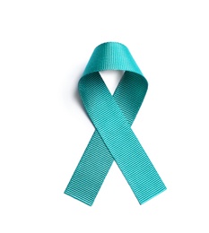 Photo of Teal awareness ribbon on white background, top view. Symbol of social and medical issues