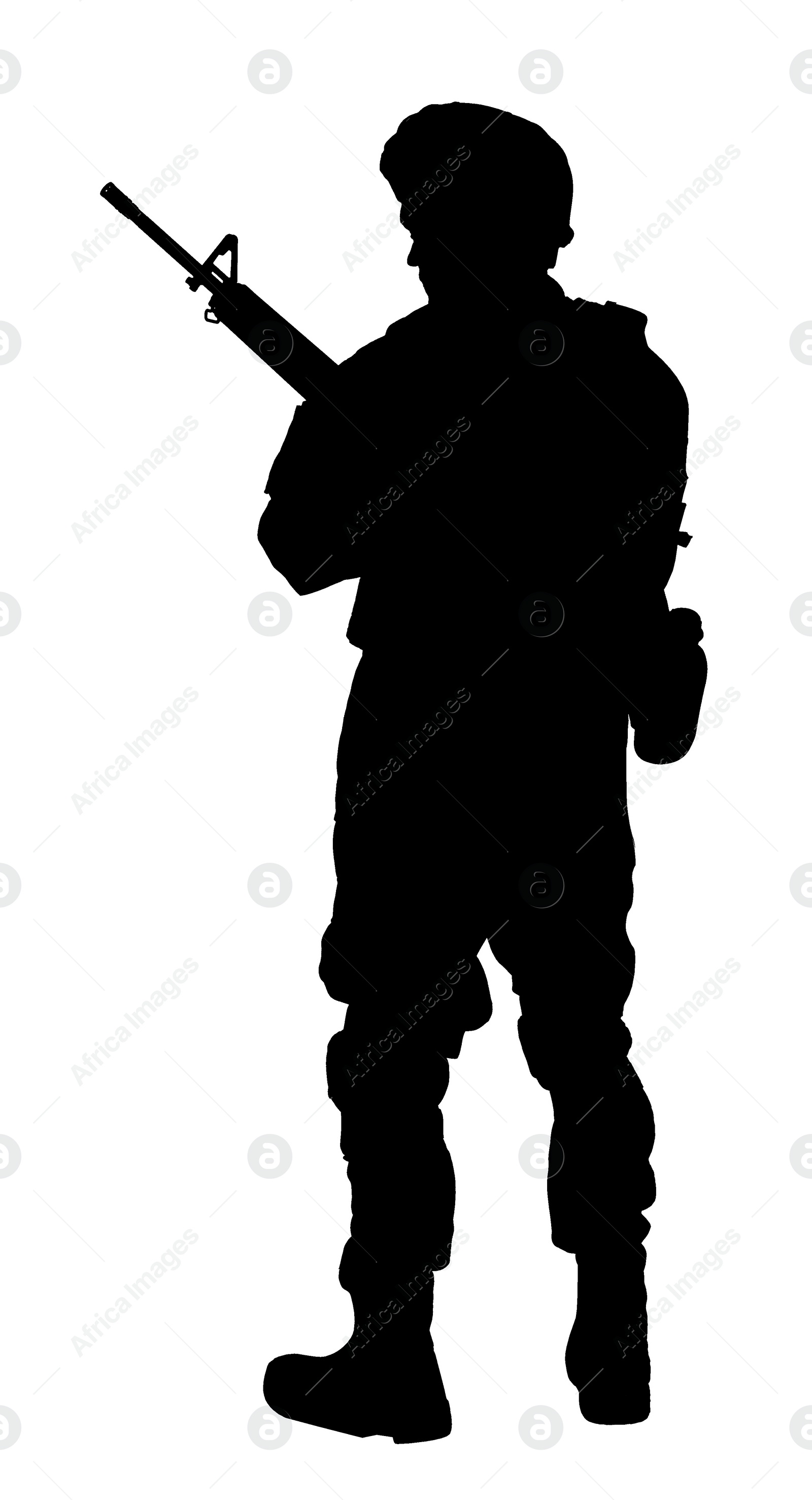 Image of Silhouette of soldier with assault rifle on white background. Military service