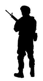 Image of Silhouette of soldier with assault rifle on white background. Military service