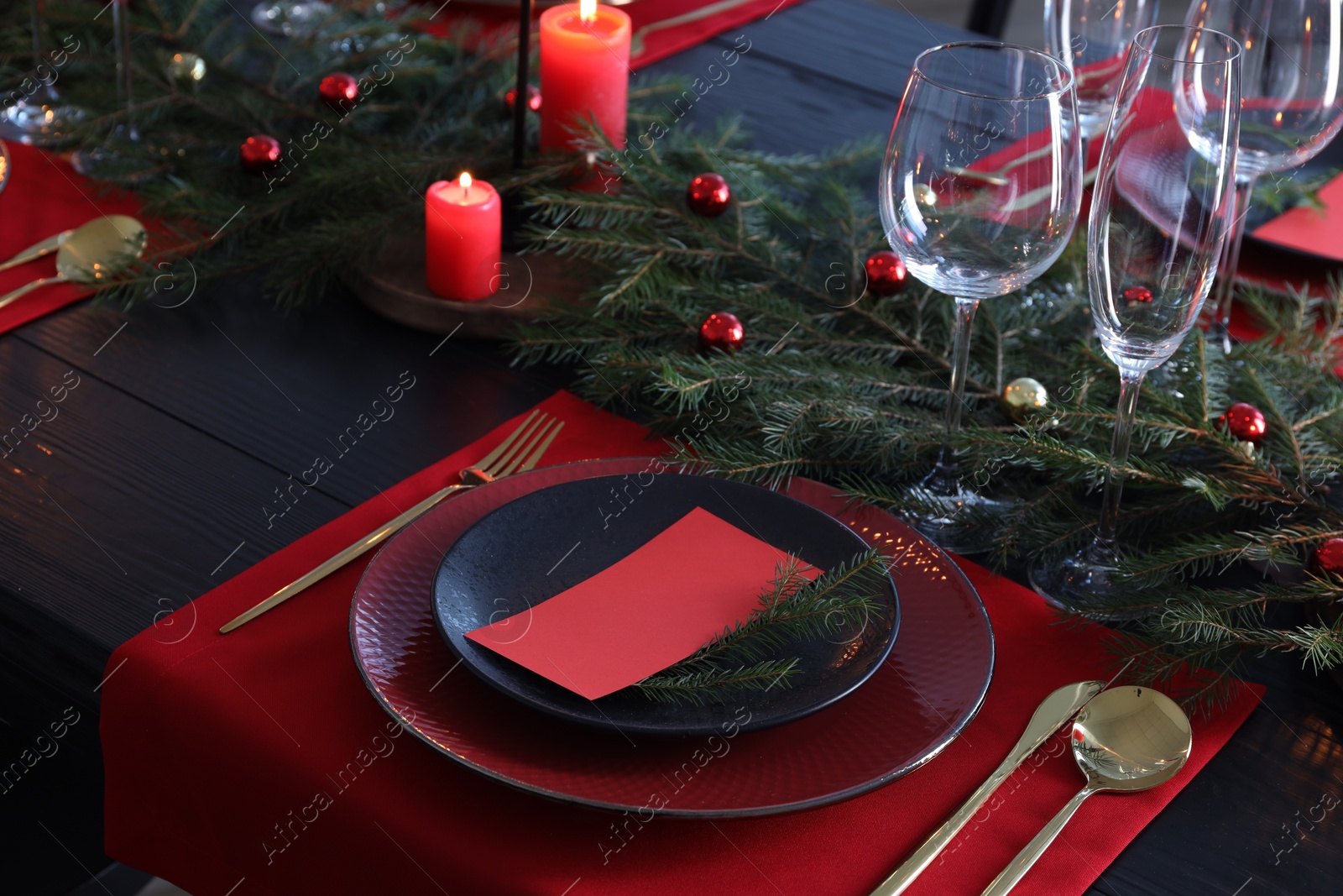 Photo of Elegant Christmas table setting with blank place cards and festive decor