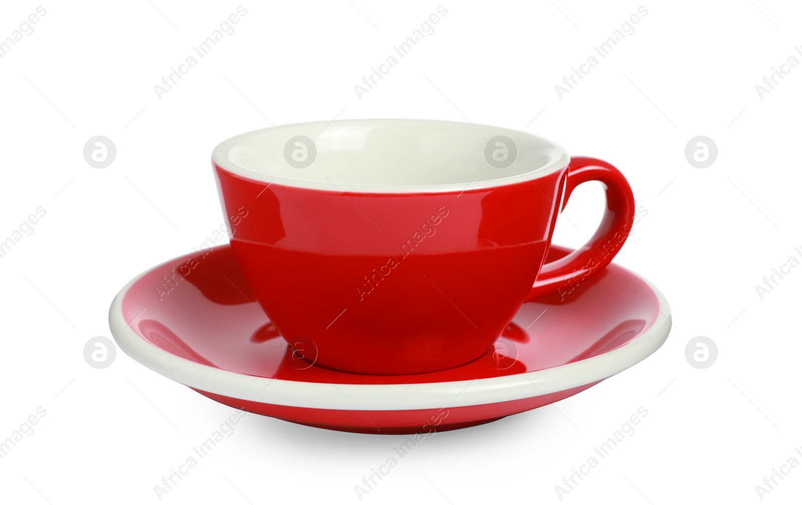 Photo of Red ceramic cup with saucer isolated on white