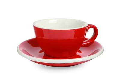 Photo of Red ceramic cup with saucer isolated on white