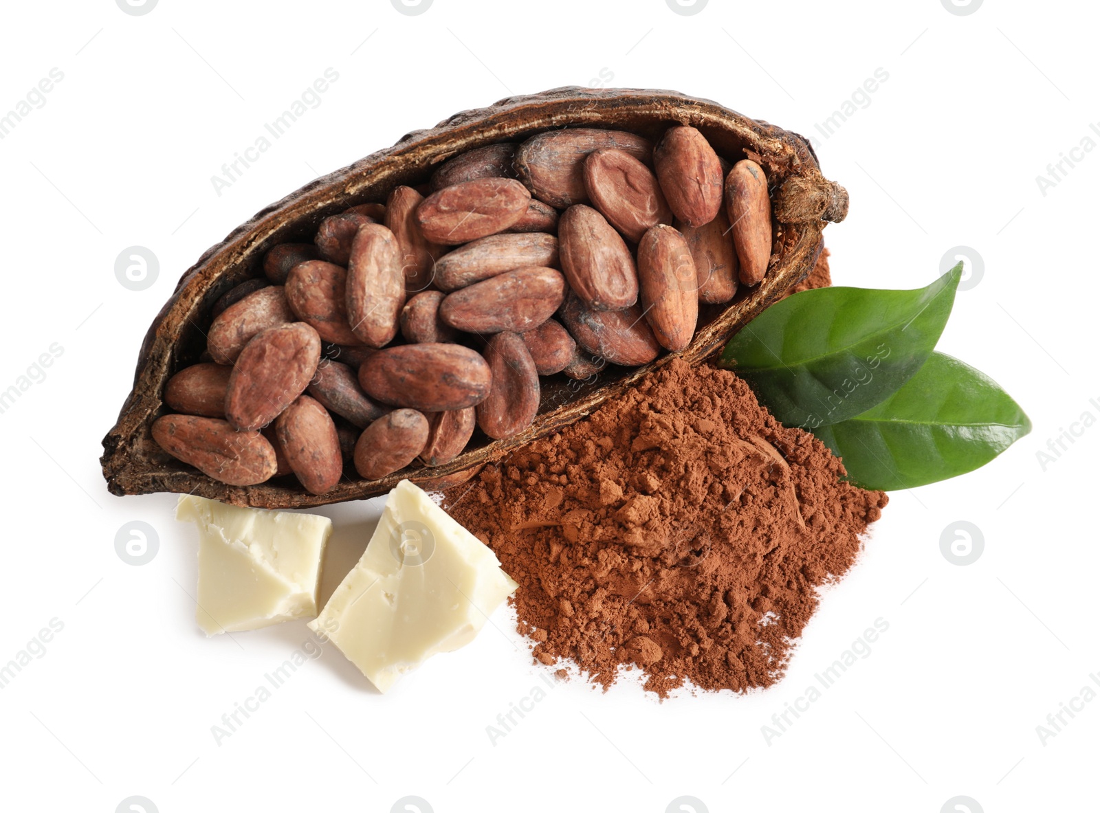 Photo of Composition with cocoa products on white background, top view