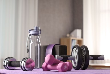 Photo of Many different sports equipment on mat indoors