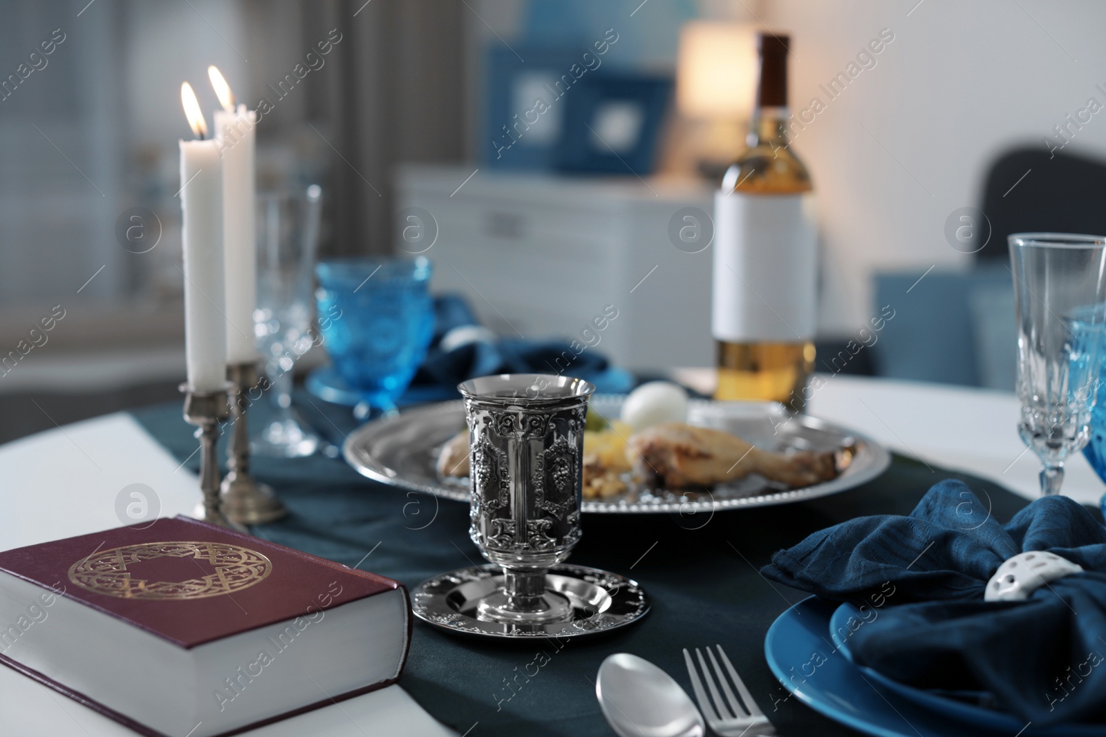 Photo of Table served for Passover (Pesach) Seder indoors