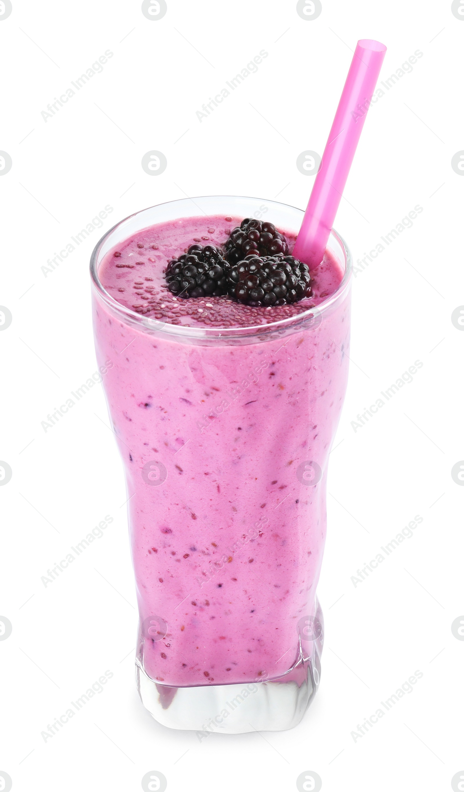 Photo of Delicious blackberry smoothie in glass on white background