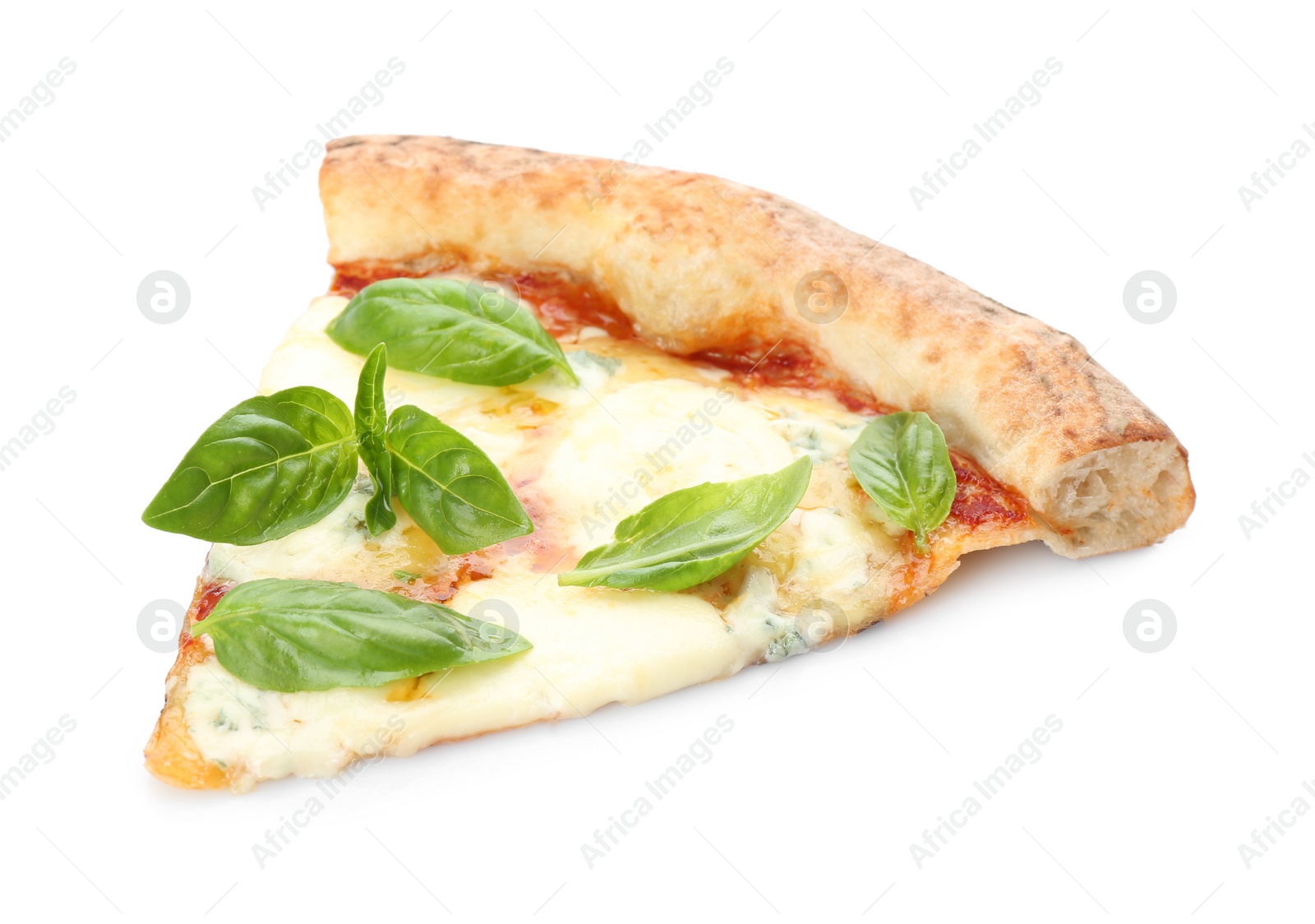Photo of Slice of delicious pizza on white background