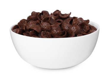 Breakfast cereal. Chocolate corn flakes in bowl isolated on white