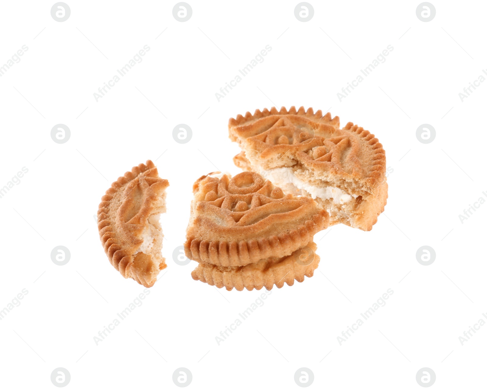 Photo of Broken tasty sandwich cookie with cream on white background