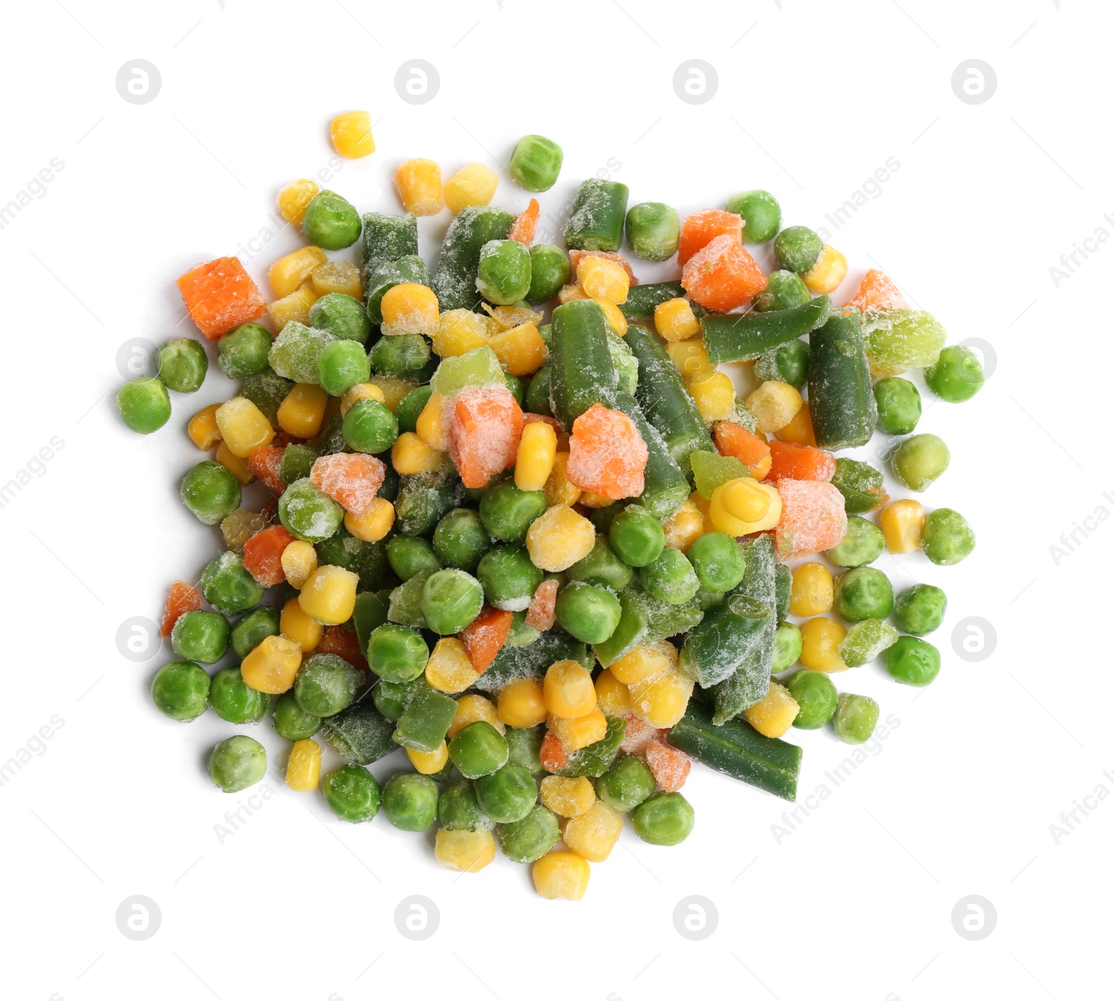 Photo of Pile of frozen vegetables isolated on white, top view