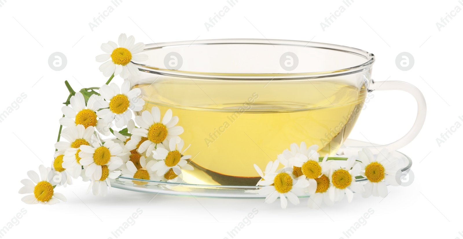 Photo of Aromatic herbal tea in glass cup and chamomiles isolated on white