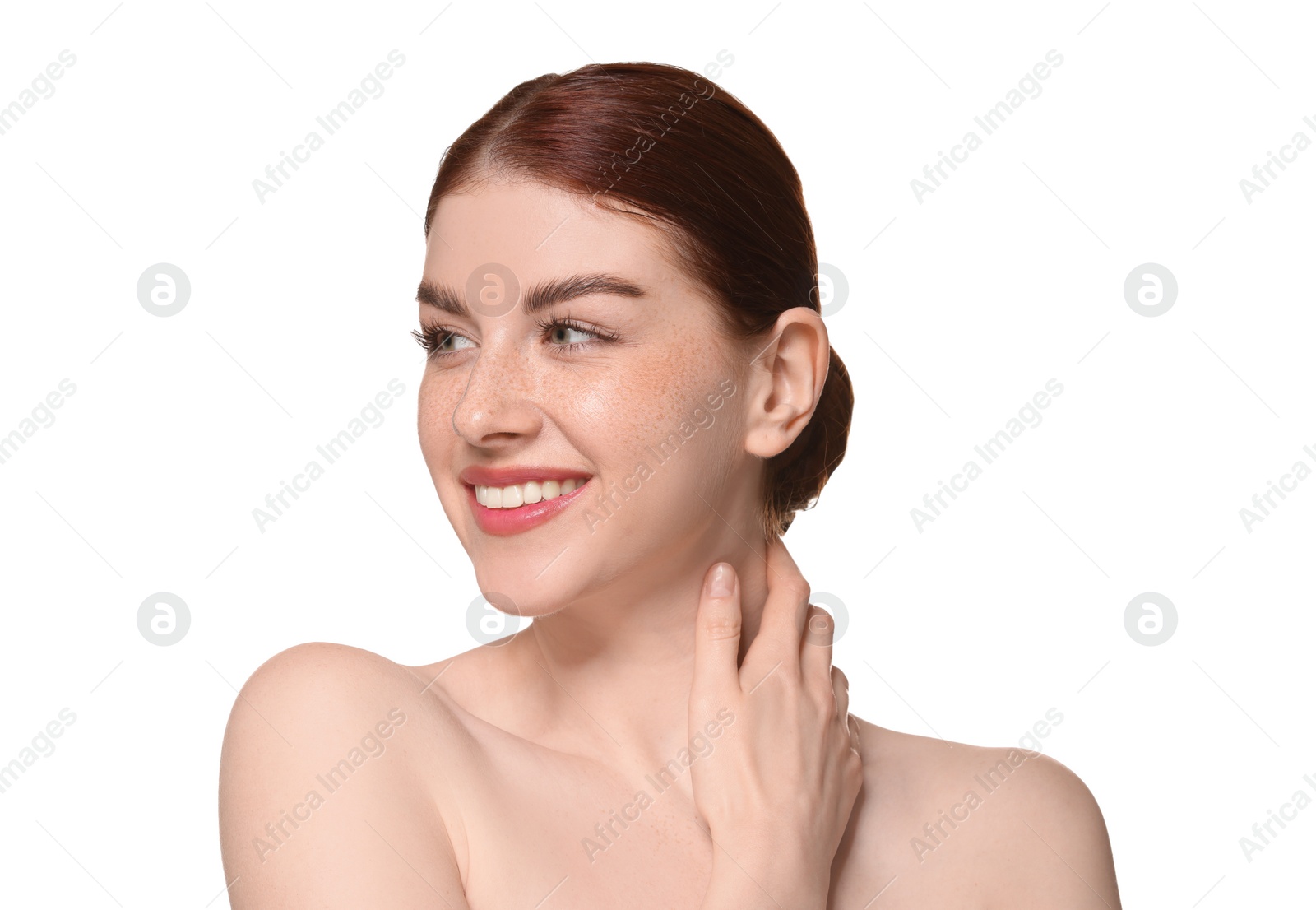 Photo of Portrait of smiling woman on white background