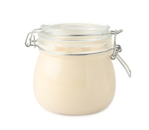 Photo of Mayonnaise in glass jar isolated on white