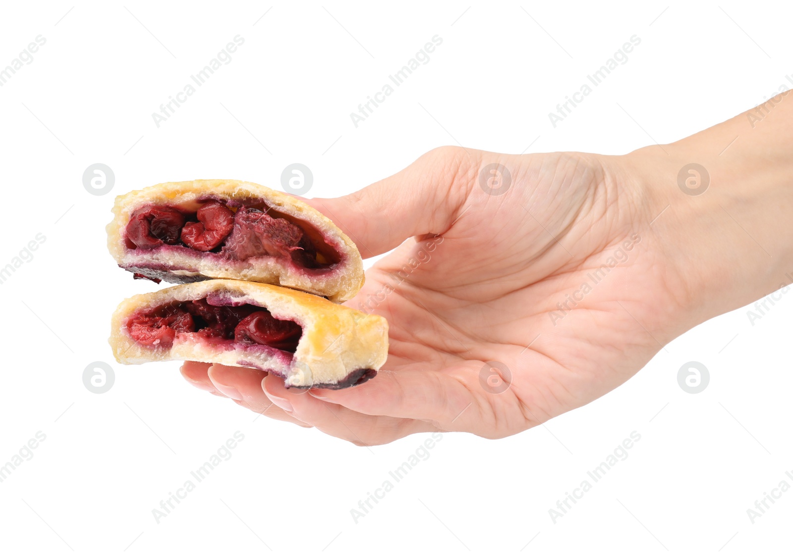 Photo of Woman holding delicious samosa with berry filling on white background, closeup