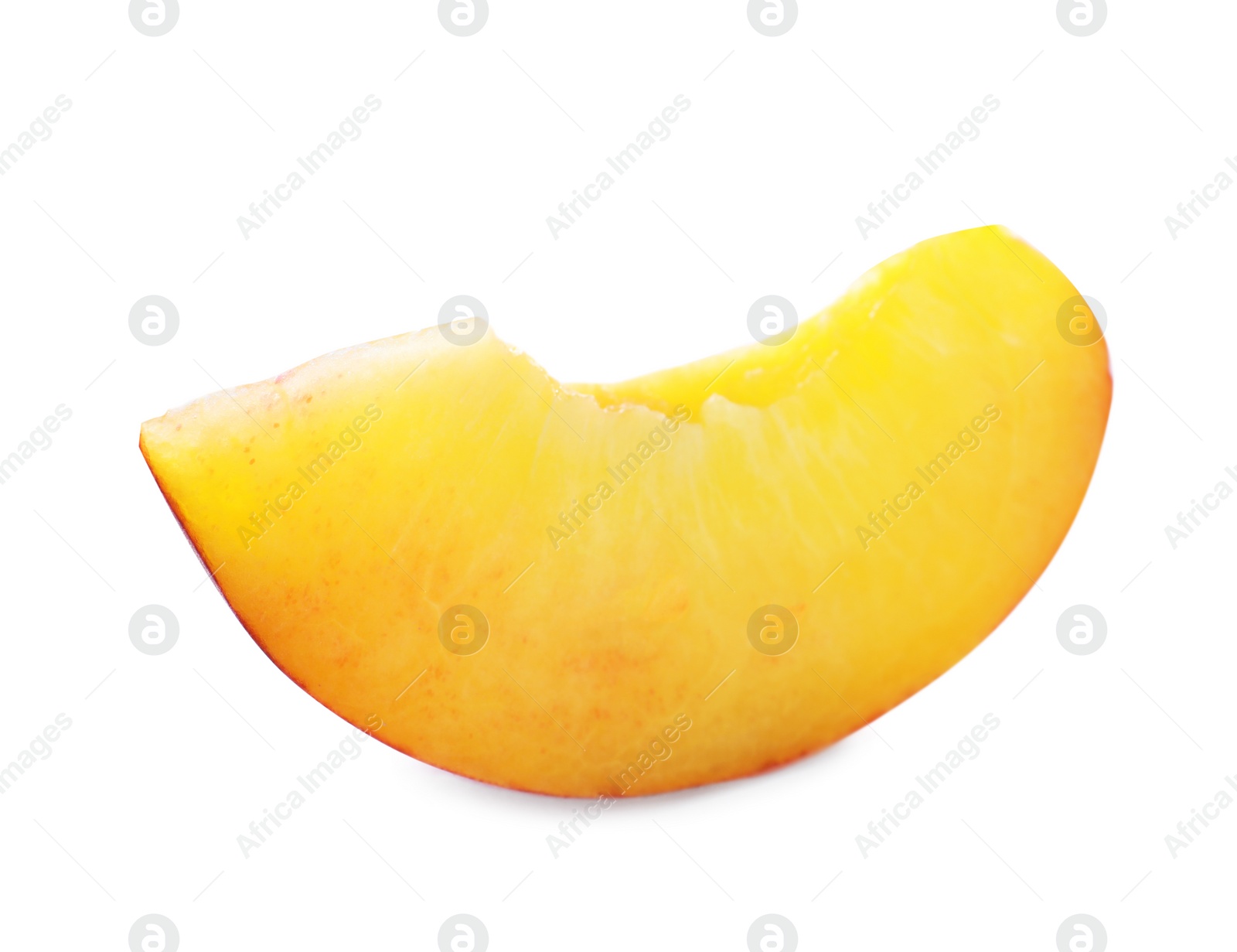 Photo of Slice of sweet juicy peach on white background