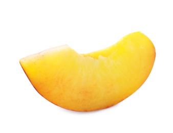 Photo of Slice of sweet juicy peach on white background