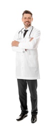 Full length portrait of smiling male doctor isolated on white. Medical staff