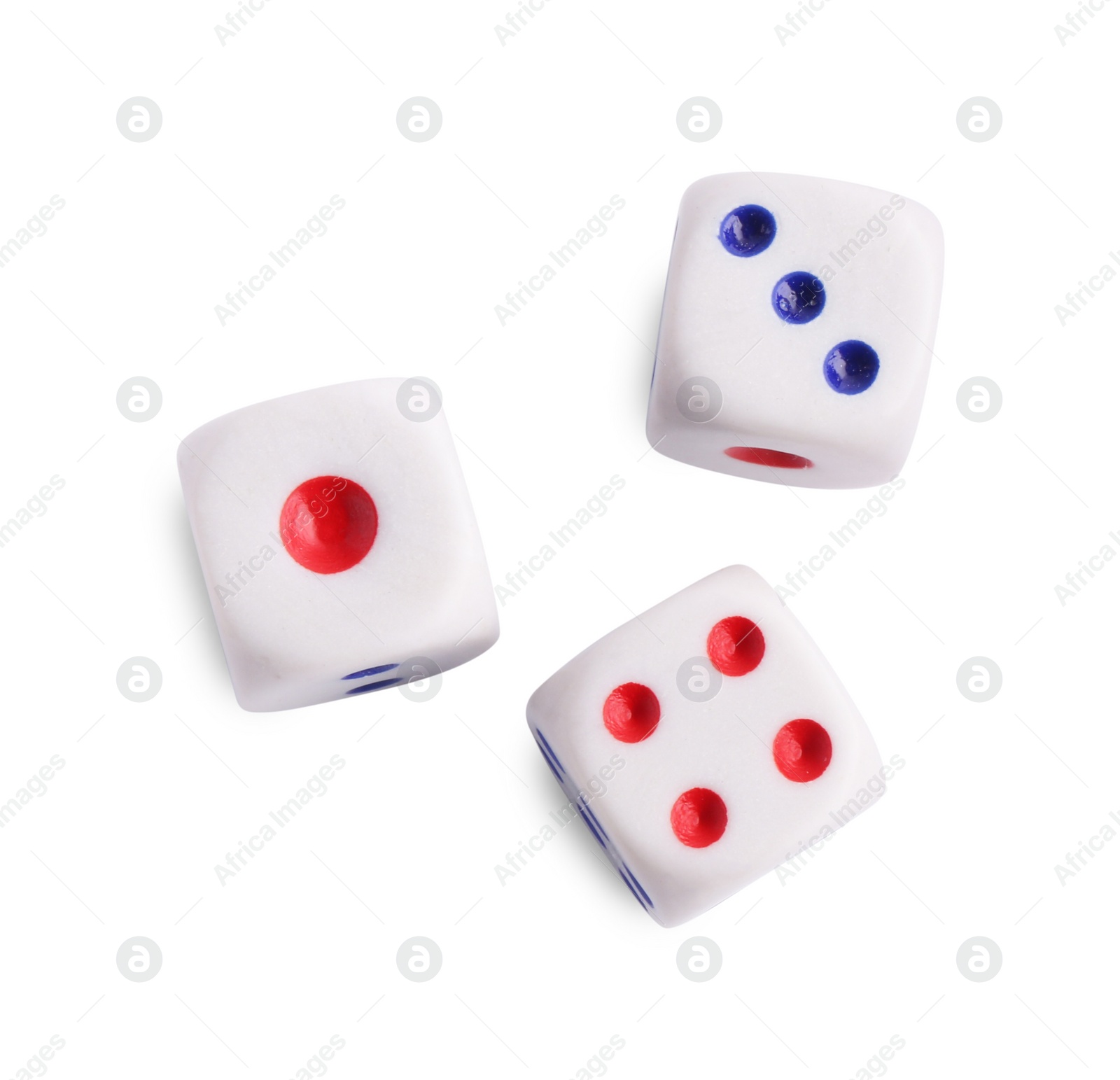 Photo of Three dices isolated on white, top view