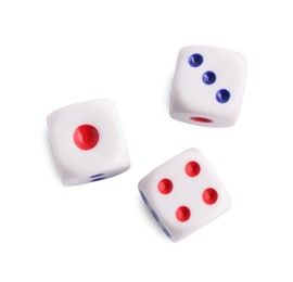 Photo of Three dices isolated on white, top view