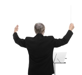 Photo of Professional conductor with baton and note stand on white background, back view