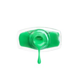 Green nail polish dripping from bottle isolated on white