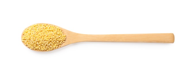 Photo of Wooden spoon with millet groats isolated on white, top view