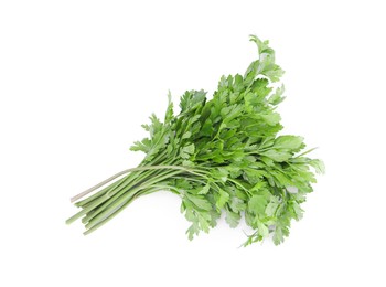 Photo of Bunch of fresh green parsley leaves isolated on white, top view
