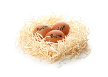 Eggs with words PENSION, RETIRE and 401k in nest on white background