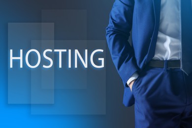 Image of Web hosting concept. Closeup view of businessman on color background