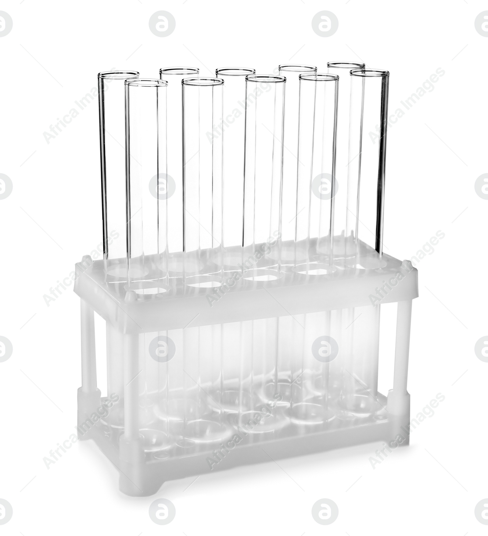 Photo of Empty test tubes on white background. Laboratory analysis equipment