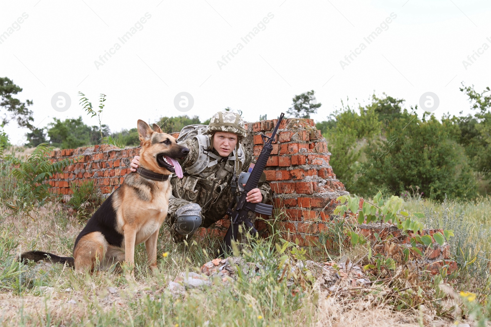 Photo of Man in military uniform with German shepherd dog near broken brick wall