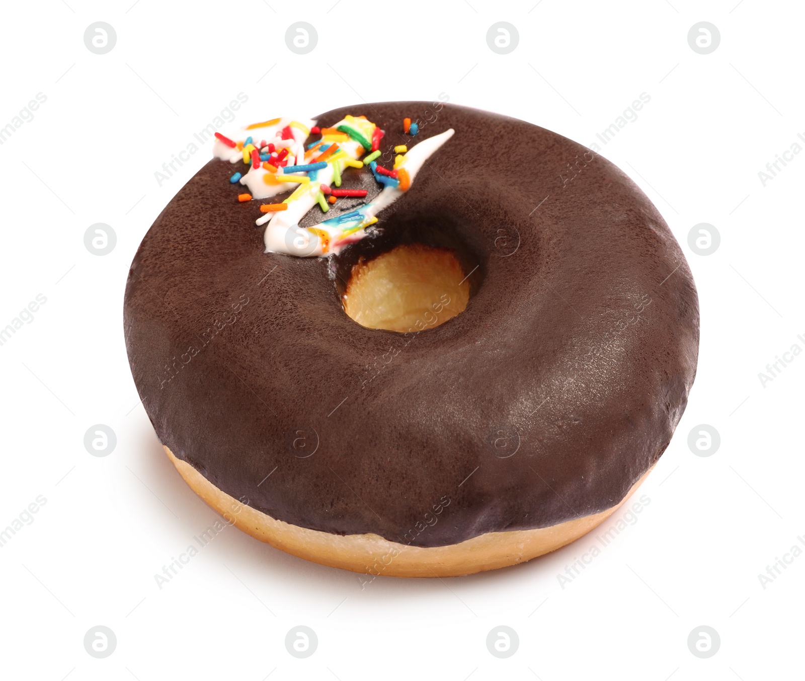 Photo of Sweet delicious glazed donut on white background