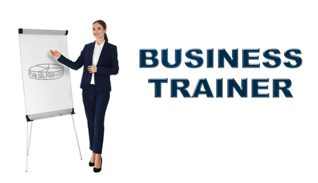 Professional business trainer giving presentation on white background