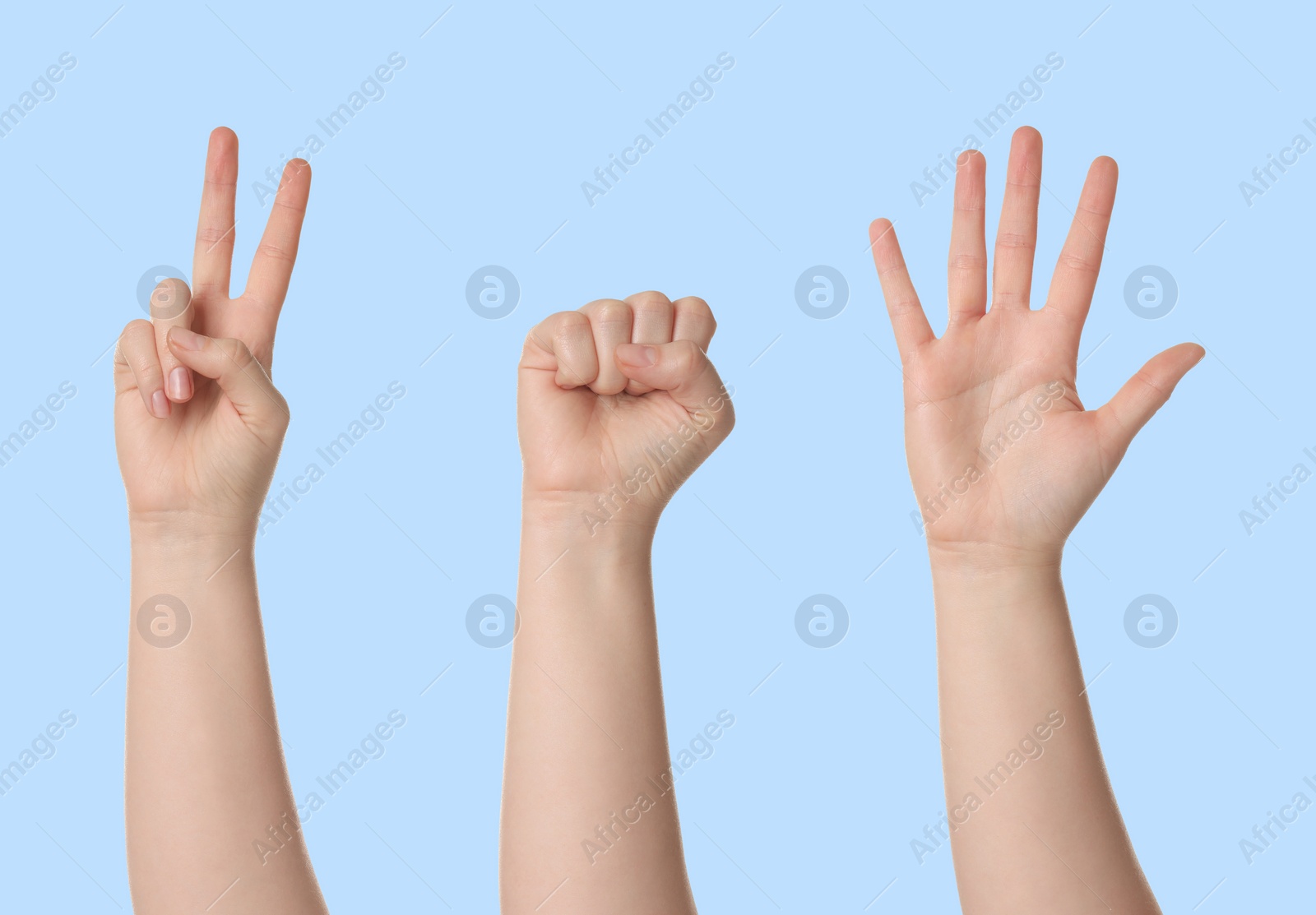 Image of People playing rock, paper and scissors on light blue background, closeup