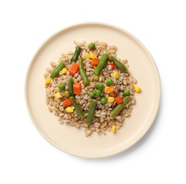 Photo of Delicious pearl barley with vegetables isolated on white, top view