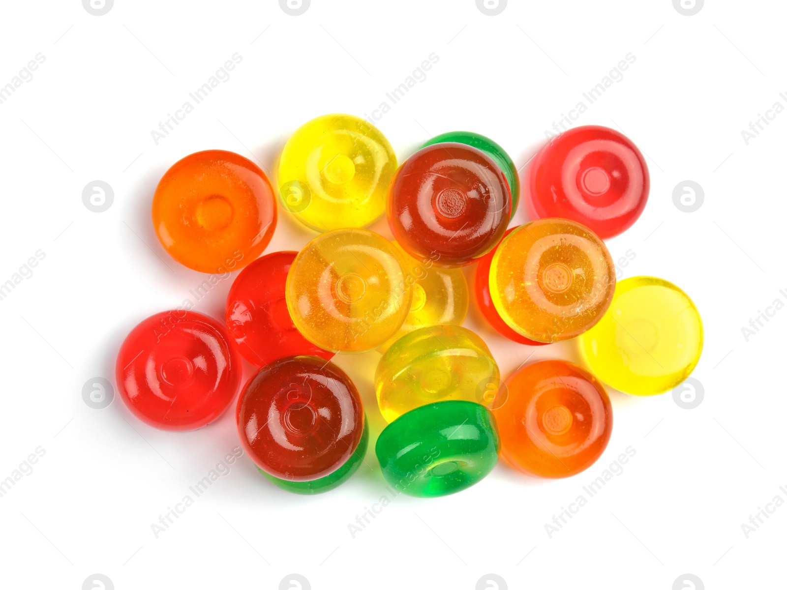 Photo of Delicious colorful candies on white background, top view