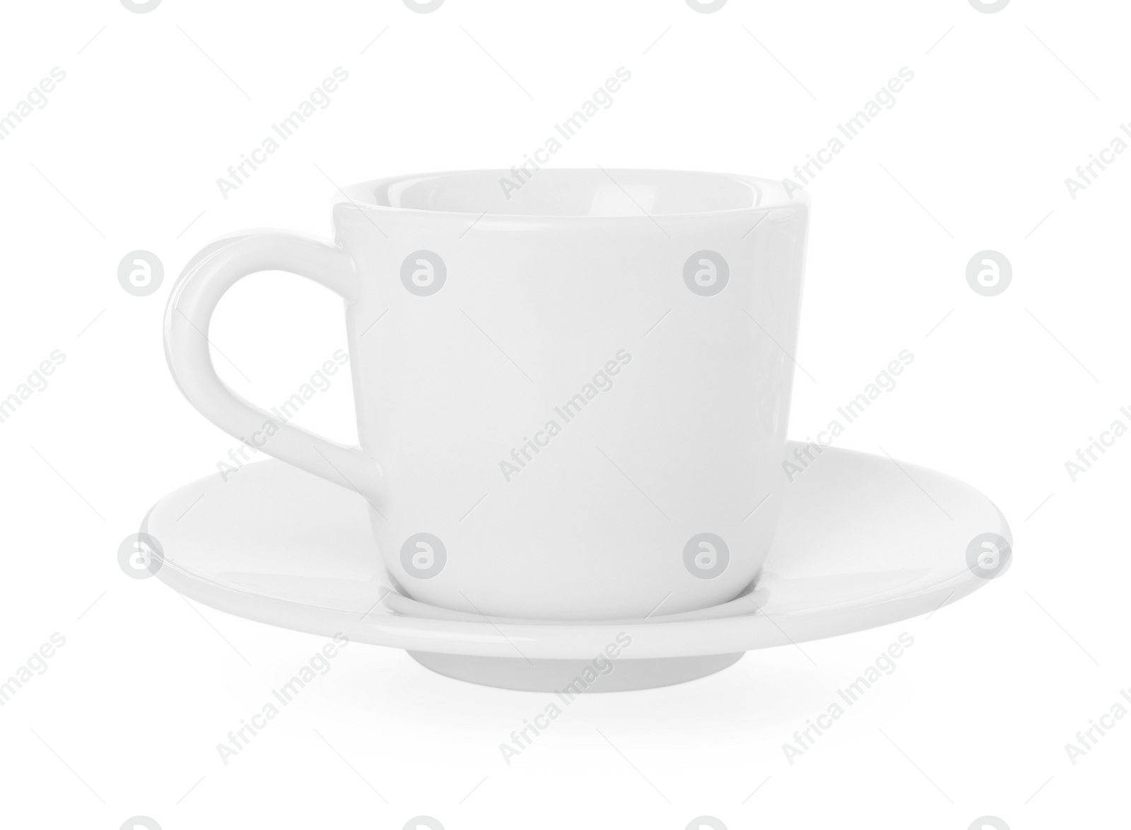 Photo of Ceramic cup with saucer isolated on white