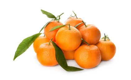 Photo of Fresh ripe tangerines on white background. Citrus fruit