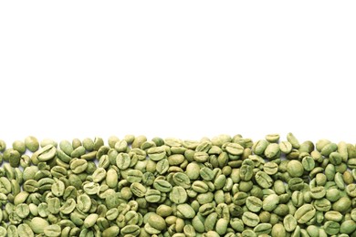 Photo of Many green coffee beans on white background, top view