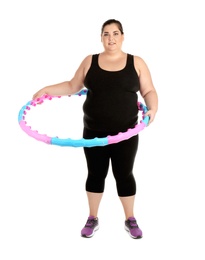 Photo of Overweight woman with hula hoop on white background