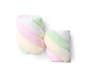 Photo of Delicious colorful marshmallows on white background, top view