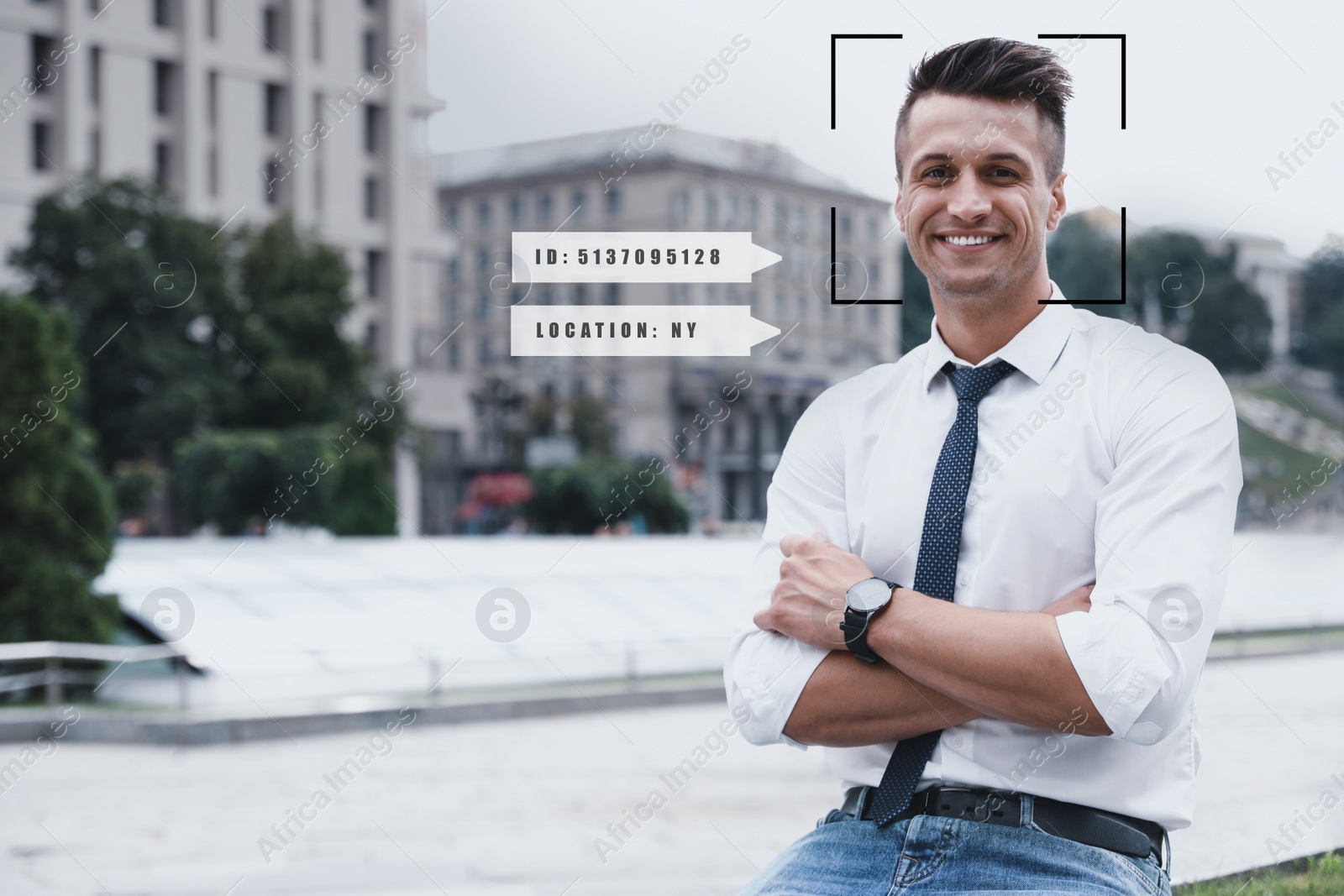 Image of People search by facial recognition. Man outdoors with scanner frame on face and his private information