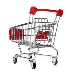 Empty metal shopping trolley isolated on white