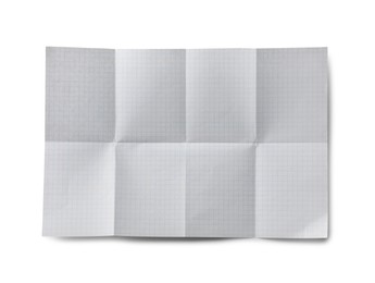 Checkered sheet of paper with creases on white background, top view
