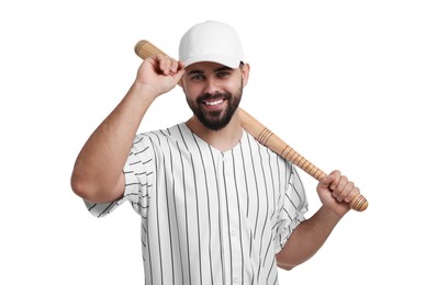 Photo of Man in stylish baseball cap holding bat on white background