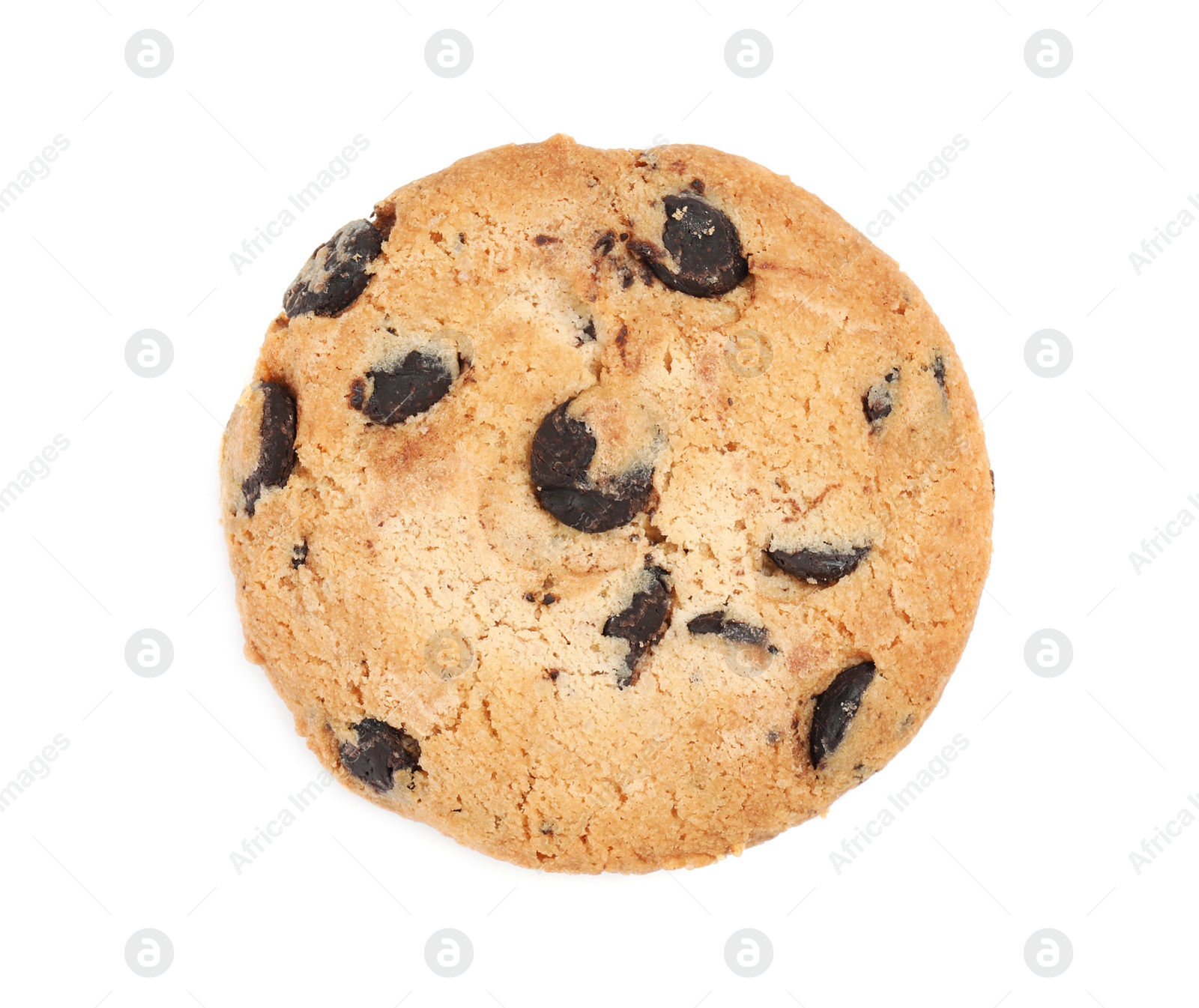 Photo of Delicious chocolate chip cookie on white background, top view