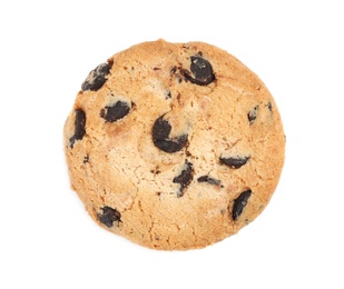 Photo of Delicious chocolate chip cookie on white background, top view